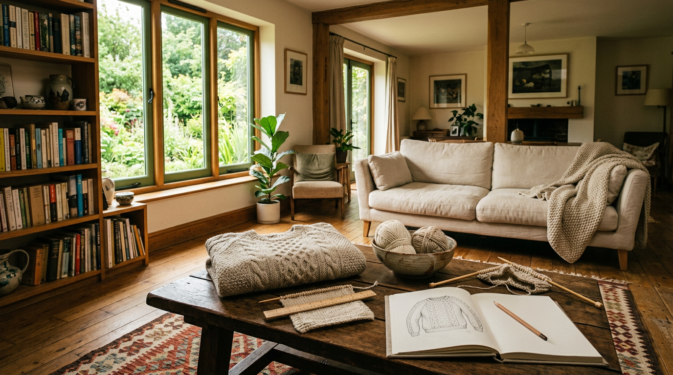 A hand-knitted cable pullover, a swatch with a ruler, yarn and a sketchbook on a low table in a bright living room