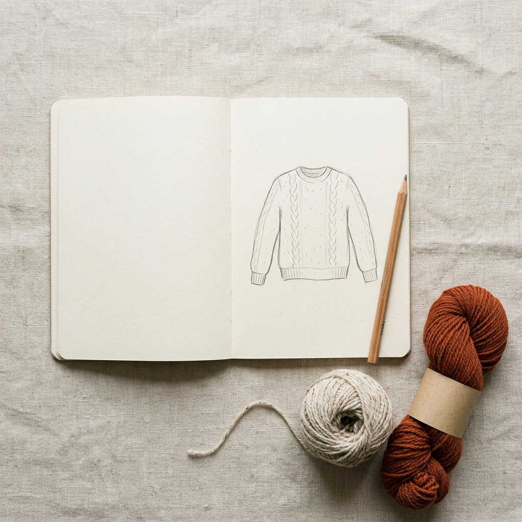 A sketchbook with a pencil drawing of a pullover beside two kinds of yarn
