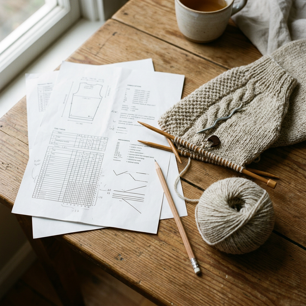 Printed pattern pages beside a sleeve on bamboo needles and a ball of yarn