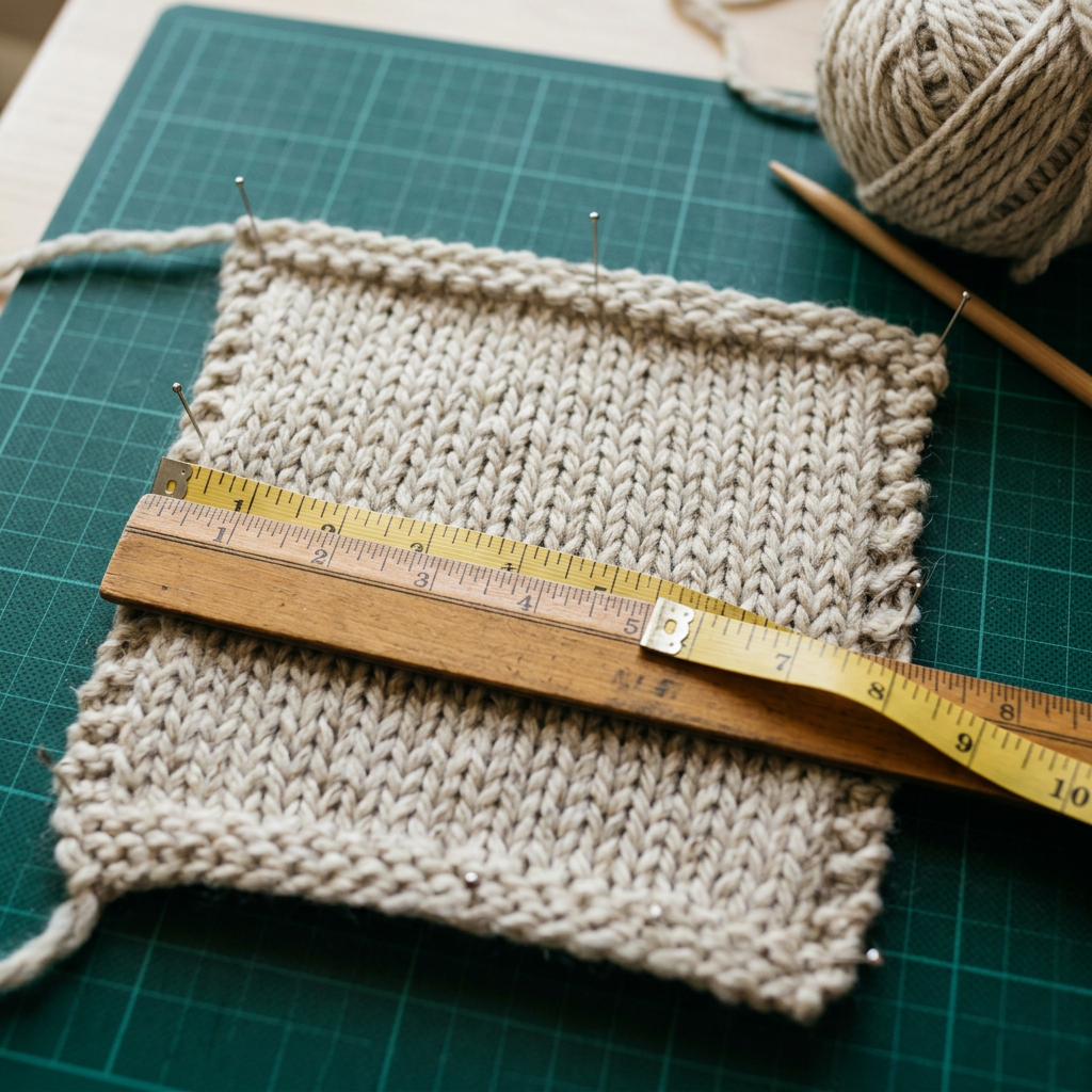 A knitted swatch pinned flat with a ruler and tape measure across it