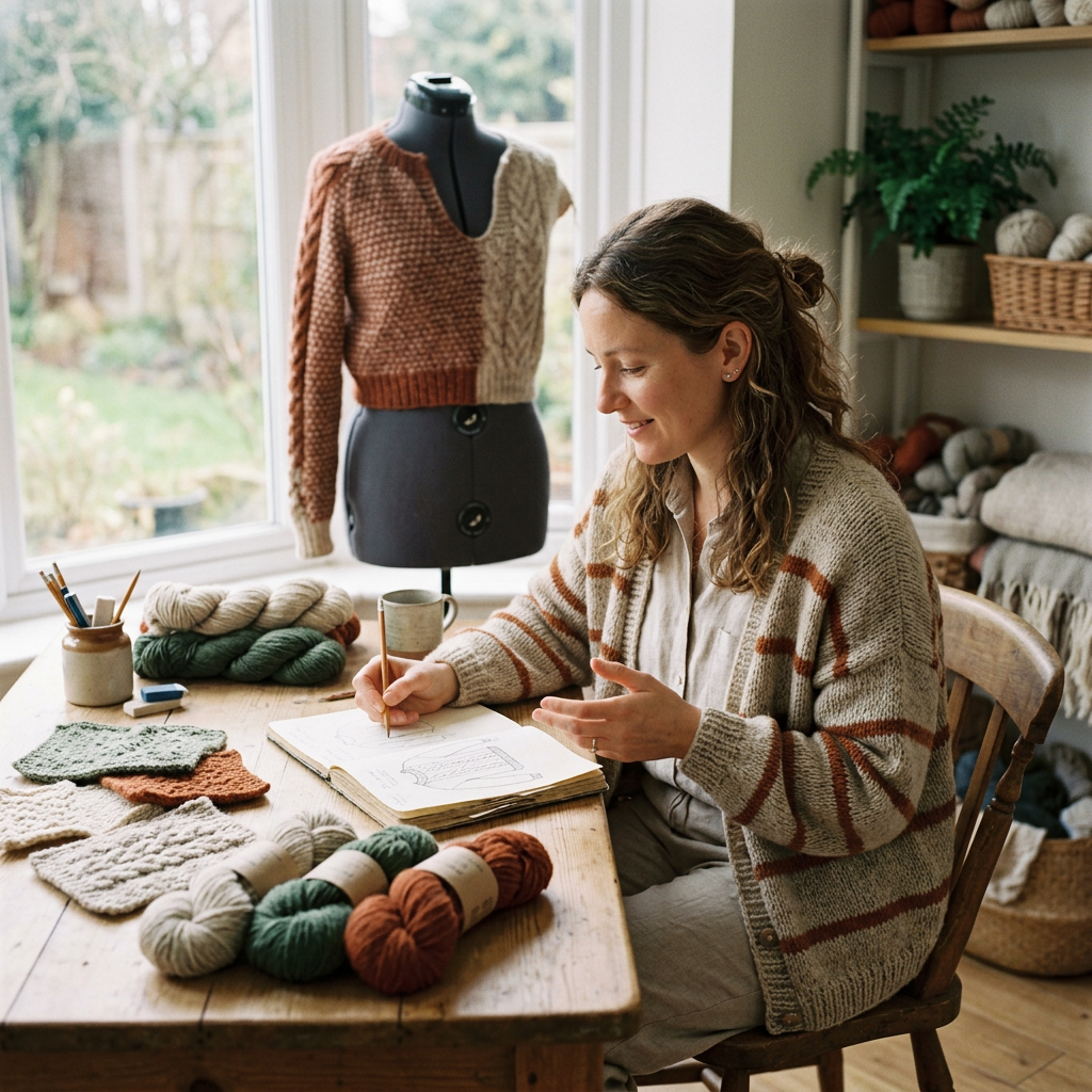 An independent knitwear designer sketching a sweater at a desk with swatches and yarn