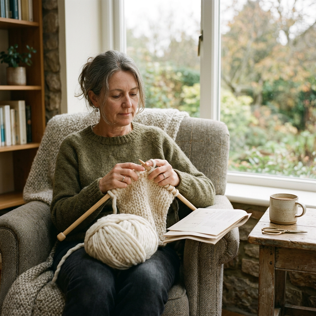A knitter casting on in an armchair with printed pages beside her